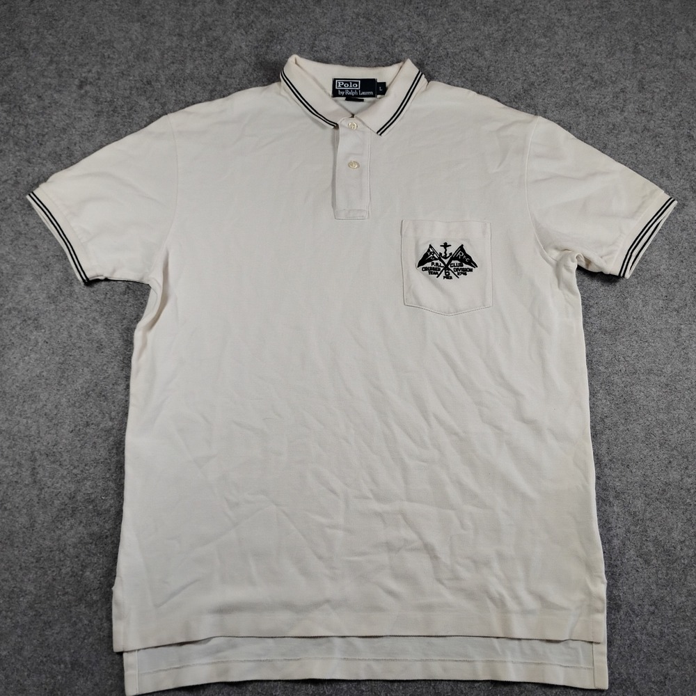 VTG Polo Ralph Lauren Mens Large Cream Yacht Club Cruiser Team Pocket Polo Shirt